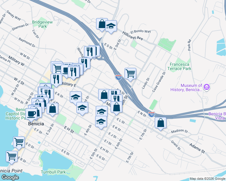 map of restaurants, bars, coffee shops, grocery stores, and more near 408 East O Street in Benicia