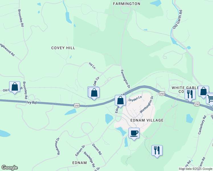 map of restaurants, bars, coffee shops, grocery stores, and more near 445 Oak Circle in Charlottesville
