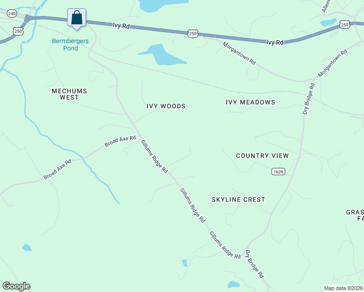 map of restaurants, bars, coffee shops, grocery stores, and more near 2530 Gillums Ridge Lane in Charlottesville
