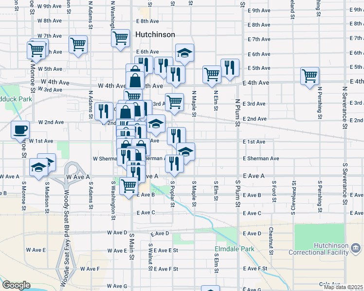 map of restaurants, bars, coffee shops, grocery stores, and more near 213 East 1st Avenue in Hutchinson