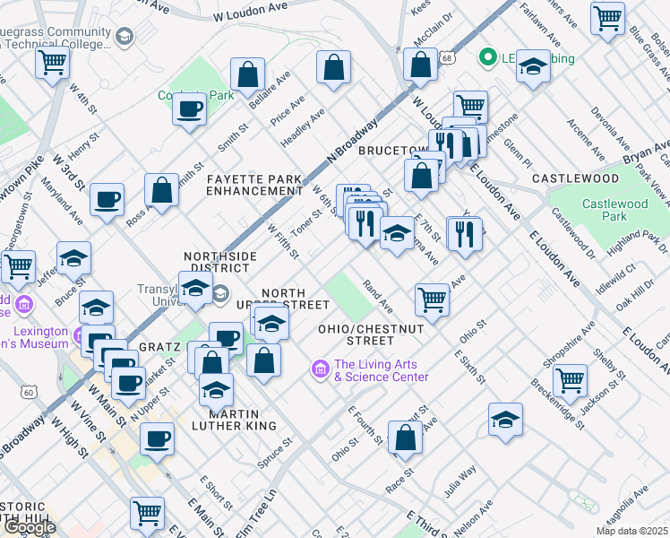 map of restaurants, bars, coffee shops, grocery stores, and more near 525 North Limestone in Lexington