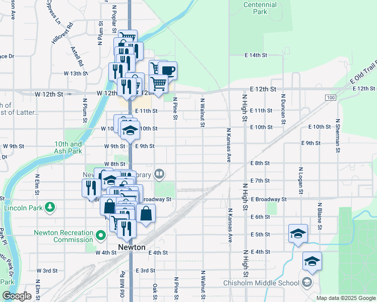 map of restaurants, bars, coffee shops, grocery stores, and more near 326 East 9th Street in Newton