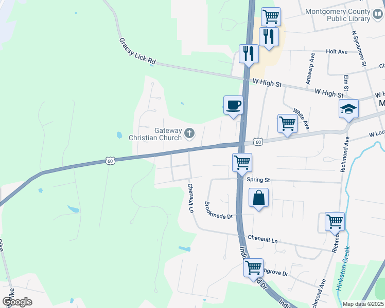 map of restaurants, bars, coffee shops, grocery stores, and more near 105 Eastwood Drive in Mount Sterling