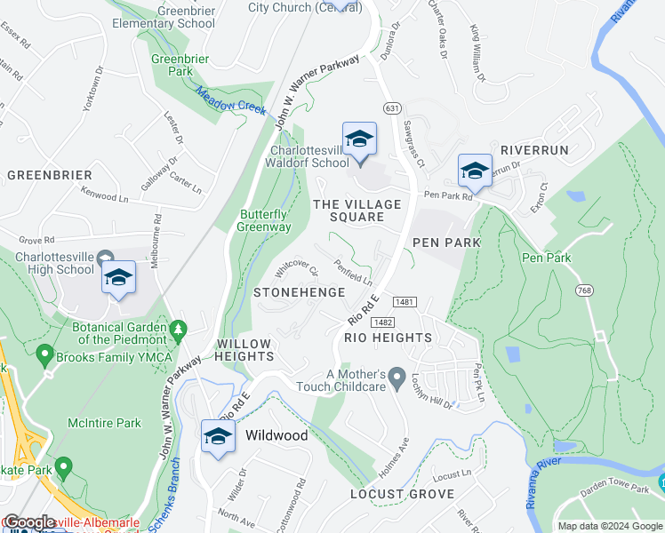 map of restaurants, bars, coffee shops, grocery stores, and more near 1263 Penfield Lane in Charlottesville