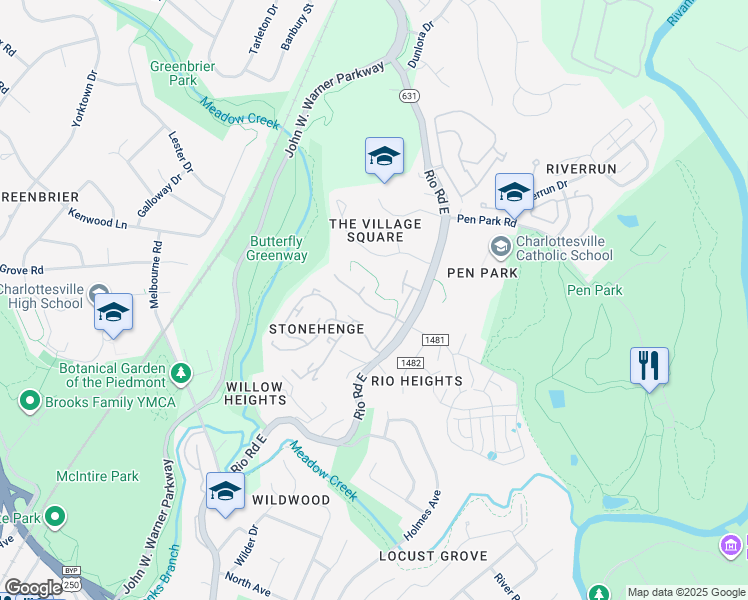 map of restaurants, bars, coffee shops, grocery stores, and more near 1244 Penfield Lane in Charlottesville