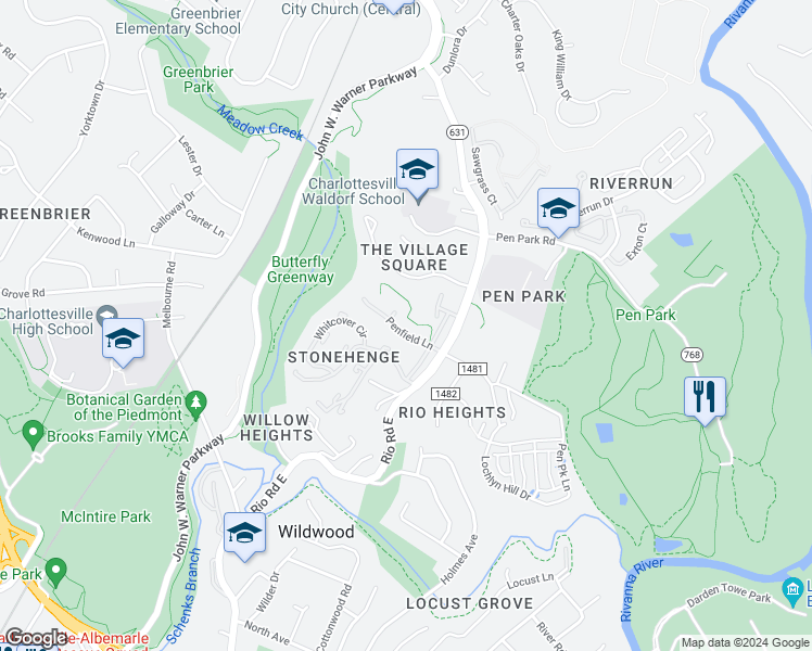 map of restaurants, bars, coffee shops, grocery stores, and more near 1244 Penfield Lane in Charlottesville