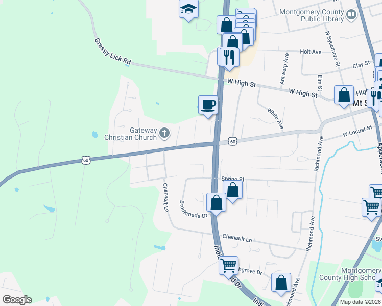 map of restaurants, bars, coffee shops, grocery stores, and more near 609 West Main Street in Mount Sterling