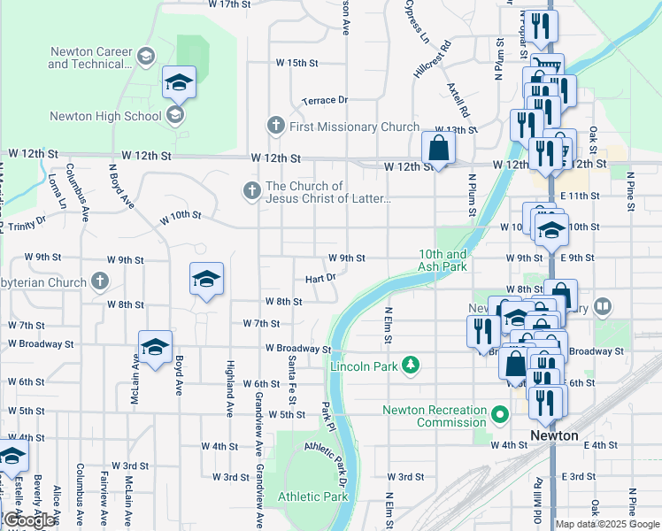 map of restaurants, bars, coffee shops, grocery stores, and more near 612 West 9th Street in Newton
