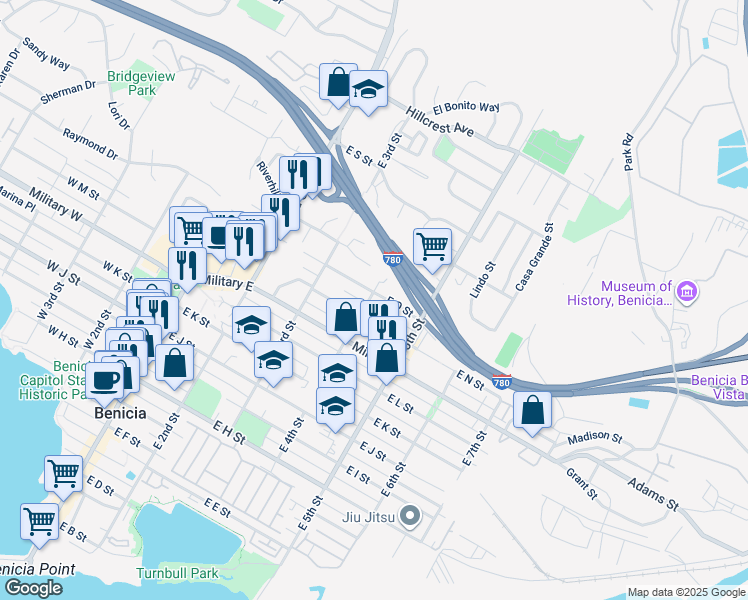 map of restaurants, bars, coffee shops, grocery stores, and more near 1432 East 4th Street in Benicia