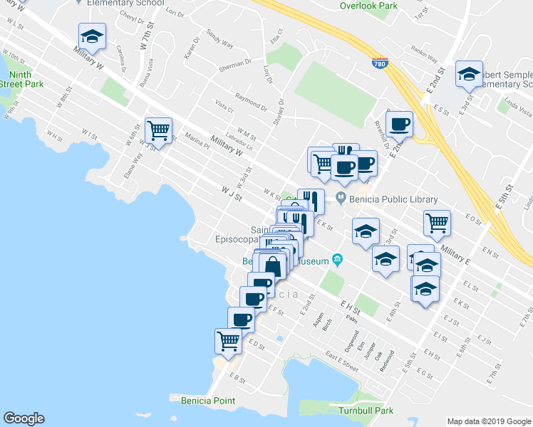map of restaurants, bars, coffee shops, grocery stores, and more near 203 West J Street in Benicia