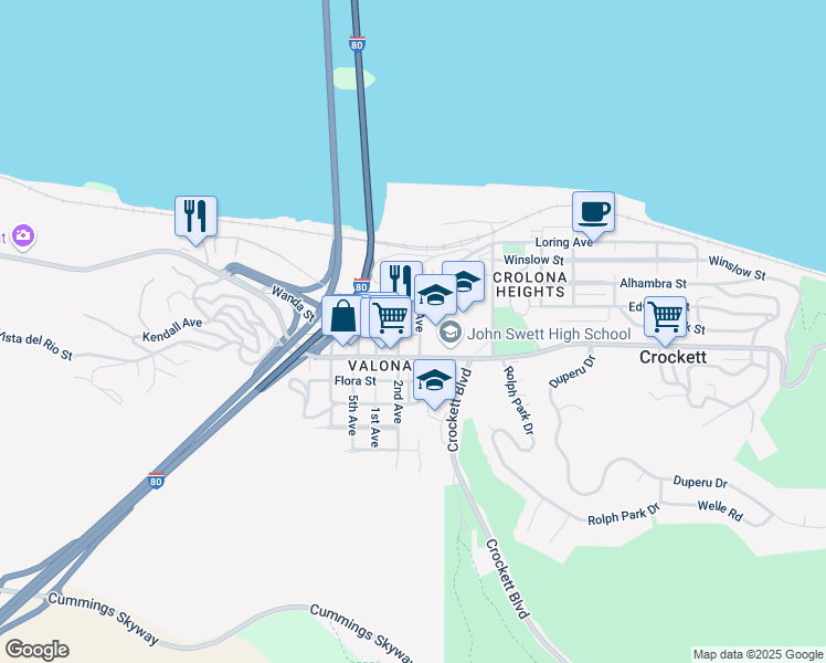 map of restaurants, bars, coffee shops, grocery stores, and more near 614 3rd Avenue in Crockett