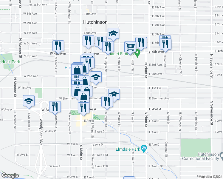 map of restaurants, bars, coffee shops, grocery stores, and more near 213 East 1st Avenue in Hutchinson
