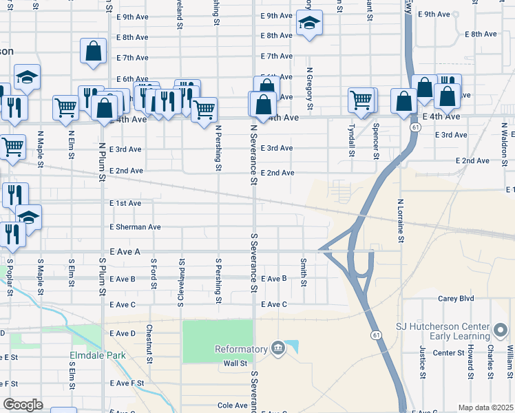 map of restaurants, bars, coffee shops, grocery stores, and more near 8 North Severance Street in Hutchinson