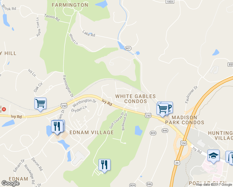 map of restaurants, bars, coffee shops, grocery stores, and more near 944 Marsh Lane in Charlottesville
