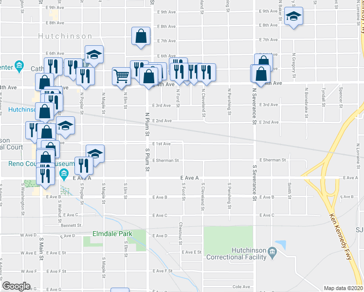 map of restaurants, bars, coffee shops, grocery stores, and more near 551 East 1st Avenue in Hutchinson