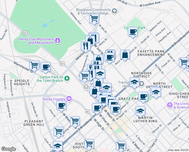 map of restaurants, bars, coffee shops, grocery stores, and more near 167 Jefferson Street in Lexington