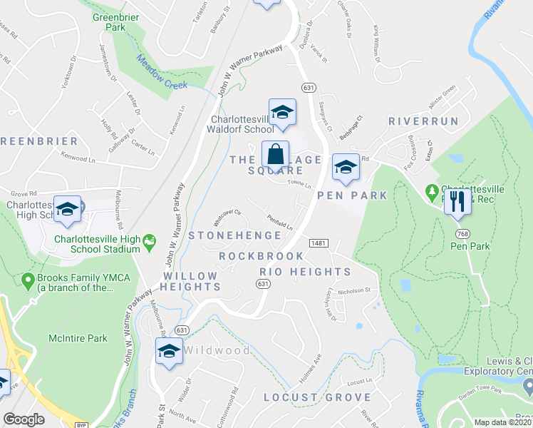 map of restaurants, bars, coffee shops, grocery stores, and more near Pennfield Lane in Charlottesville