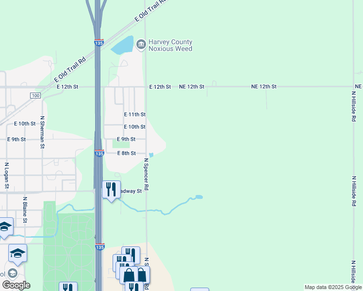 map of restaurants, bars, coffee shops, grocery stores, and more near 1000 North Spencer Road in Newton