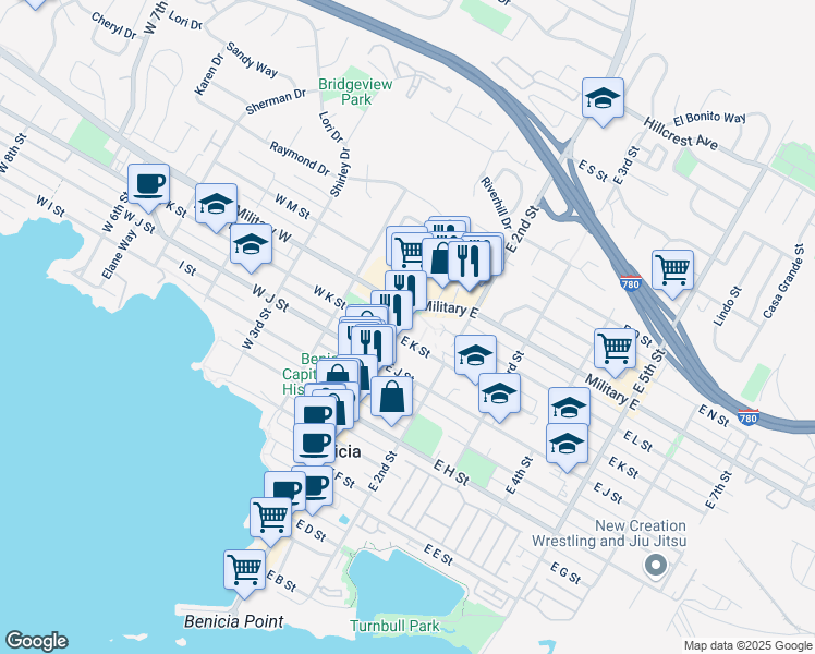 map of restaurants, bars, coffee shops, grocery stores, and more near 1150 1st Street in Benicia