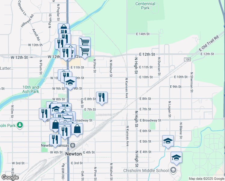 map of restaurants, bars, coffee shops, grocery stores, and more near 326 East 9th Street in Newton