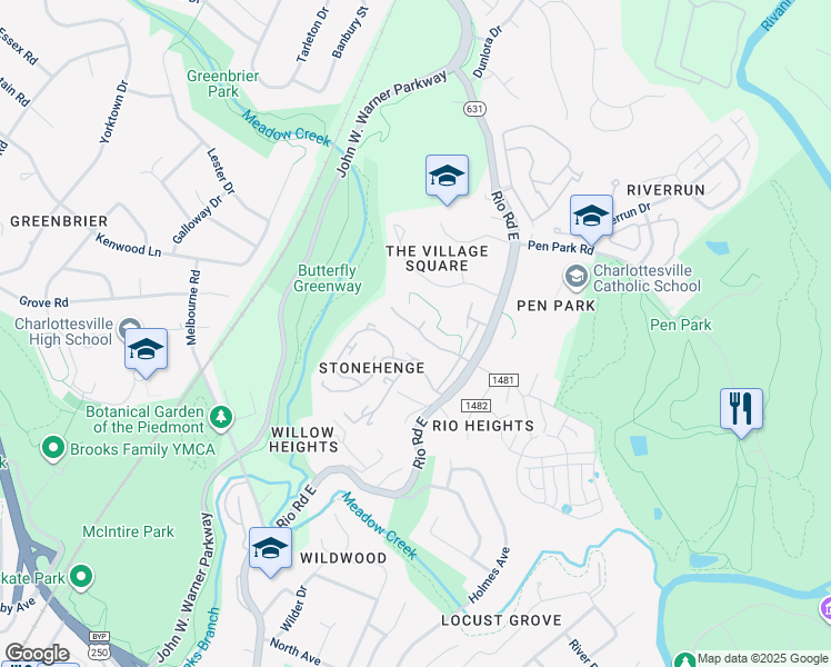 map of restaurants, bars, coffee shops, grocery stores, and more near 1263 Penfield Lane in Charlottesville