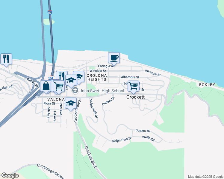 map of restaurants, bars, coffee shops, grocery stores, and more near 645 Heald Court in Crockett