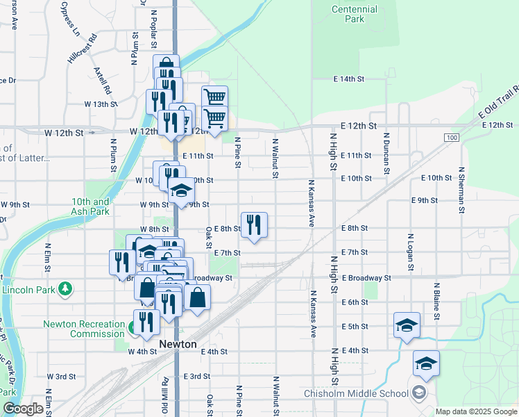map of restaurants, bars, coffee shops, grocery stores, and more near 326 East 9th Street in Newton