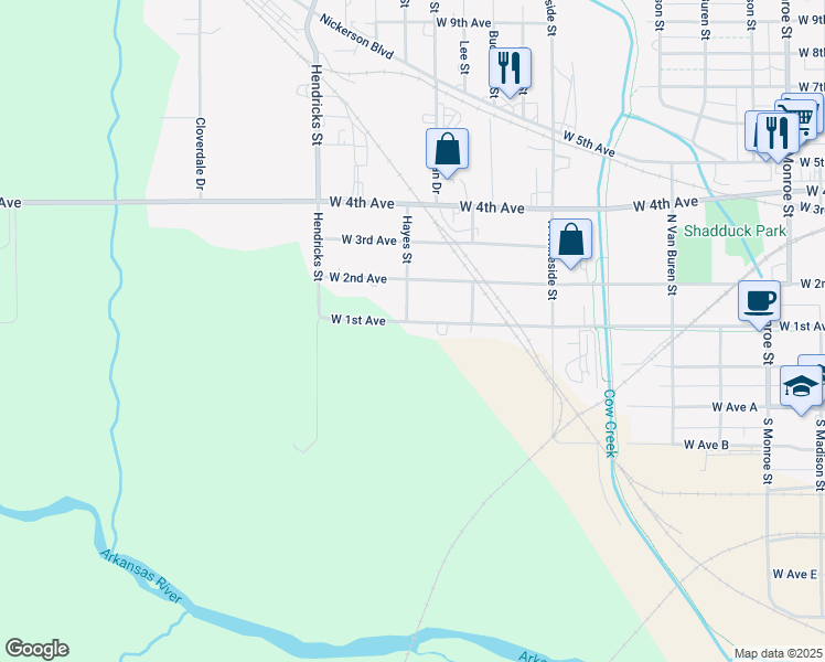 map of restaurants, bars, coffee shops, grocery stores, and more near 1127 West 1st Avenue in Hutchinson