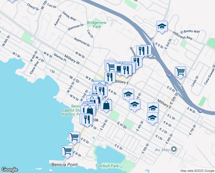 map of restaurants, bars, coffee shops, grocery stores, and more near 1st Street in Benicia