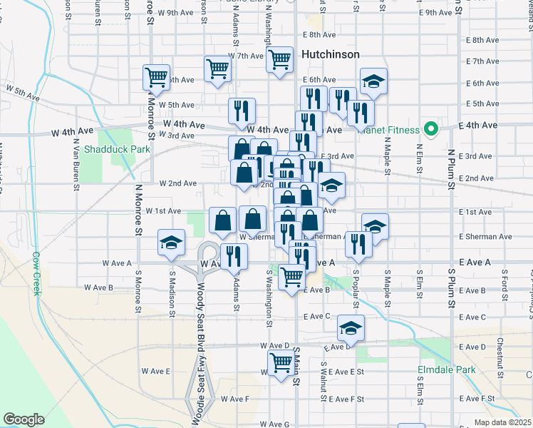 map of restaurants, bars, coffee shops, grocery stores, and more near 6996 Jim P.Martinez-Sunflower Trail in Hutchinson