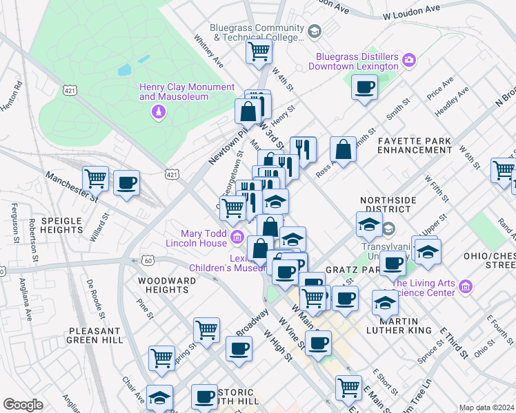 map of restaurants, bars, coffee shops, grocery stores, and more near 167 Jefferson Street in Lexington