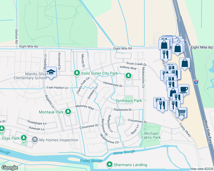 map of restaurants, bars, coffee shops, grocery stores, and more near 10469 Almanor Circle in Stockton