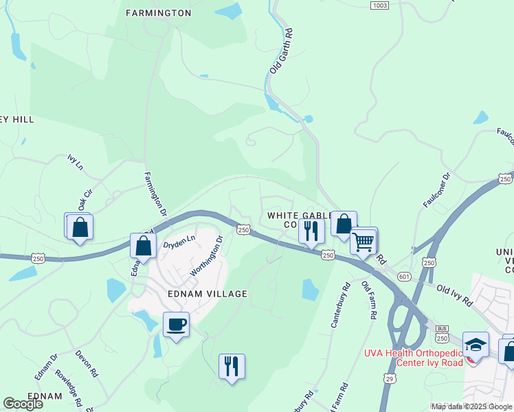 map of restaurants, bars, coffee shops, grocery stores, and more near 931 Marsh Lane in Charlottesville