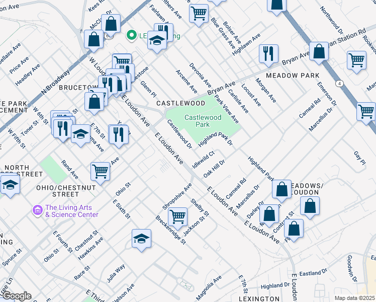 map of restaurants, bars, coffee shops, grocery stores, and more near 238 Castlewood Drive in Lexington