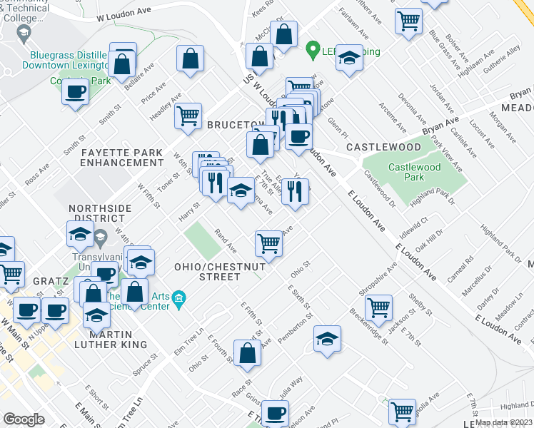map of restaurants, bars, coffee shops, grocery stores, and more near 170 Alabama Avenue in Lexington