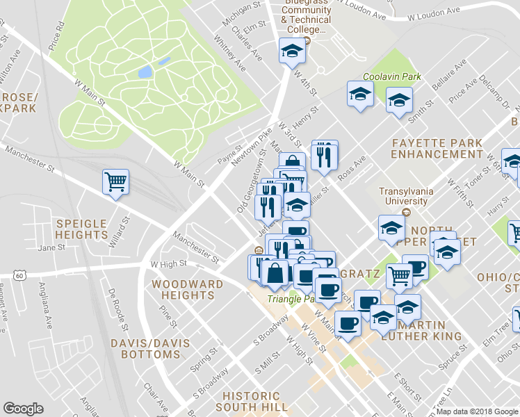map of restaurants, bars, coffee shops, grocery stores, and more near 630 Ballard Street in Lexington