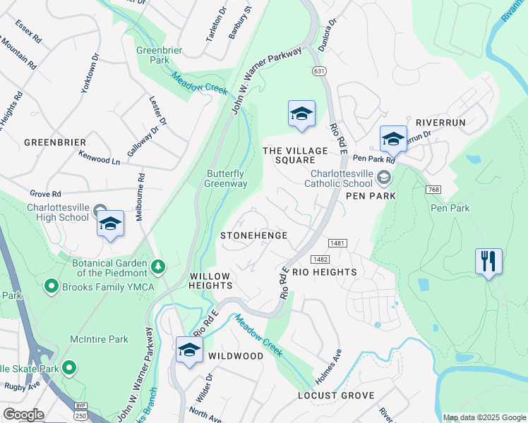 map of restaurants, bars, coffee shops, grocery stores, and more near 606 Whitcover Circle in Charlottesville