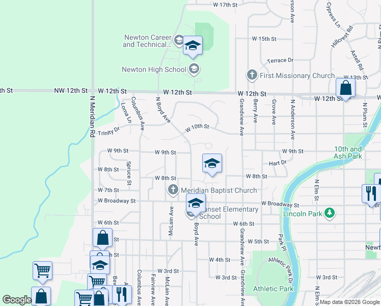 map of restaurants, bars, coffee shops, grocery stores, and more near 924 Boyd Avenue in Newton