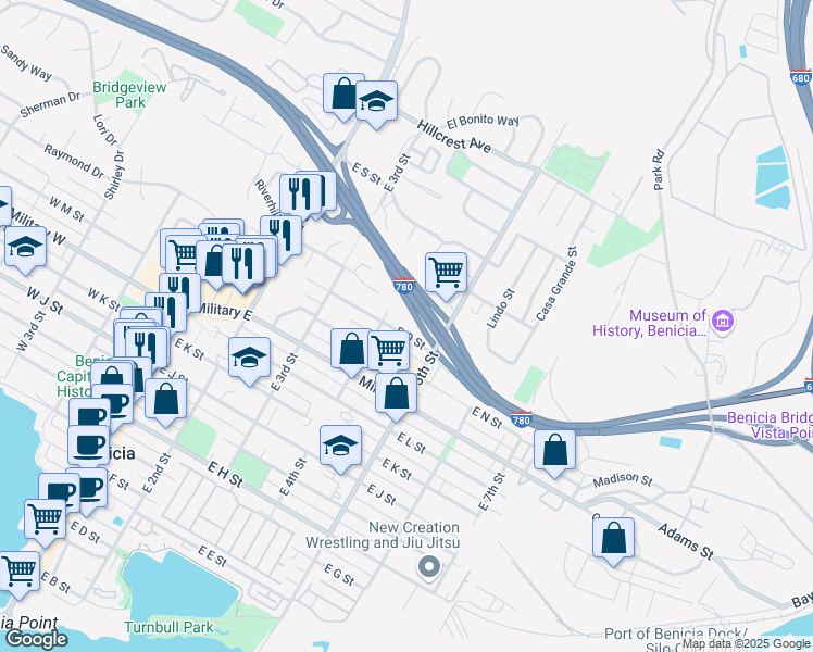 map of restaurants, bars, coffee shops, grocery stores, and more near 431 E O St in Benicia