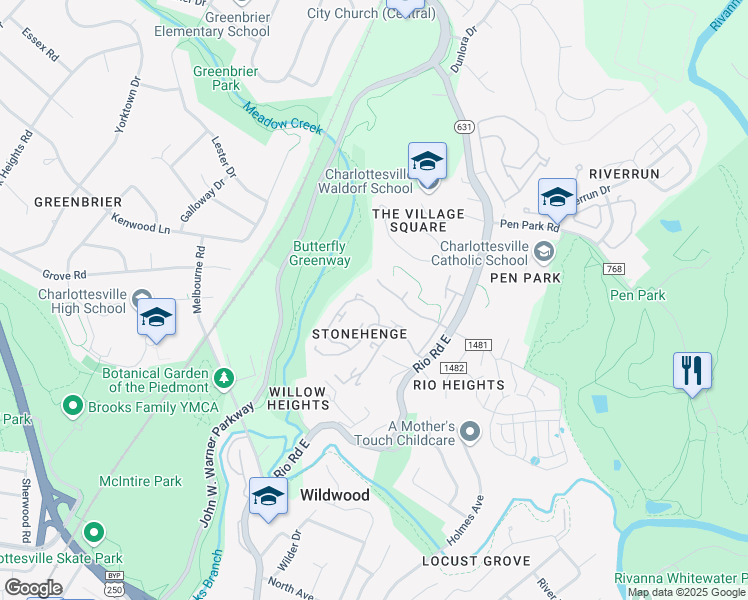 map of restaurants, bars, coffee shops, grocery stores, and more near 606 Whitcover Circle in Charlottesville