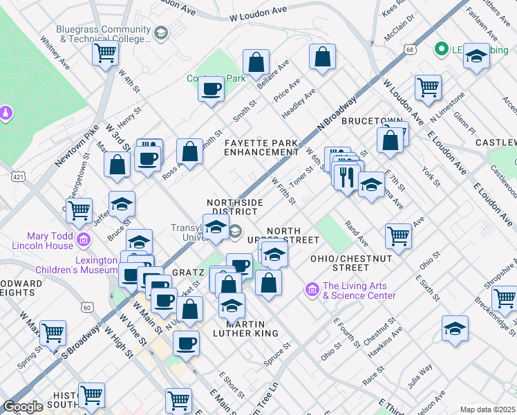 map of restaurants, bars, coffee shops, grocery stores, and more near 422 Kenton Street in Lexington