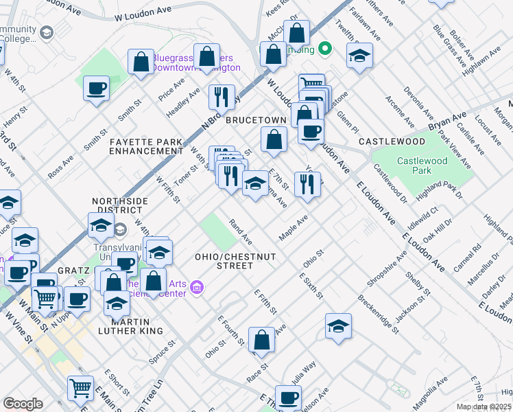 map of restaurants, bars, coffee shops, grocery stores, and more near 123 East Sixth Street in Lexington