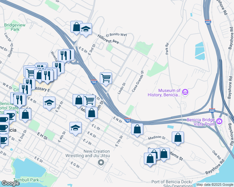 map of restaurants, bars, coffee shops, grocery stores, and more near 1779 Lindo Street in Benicia