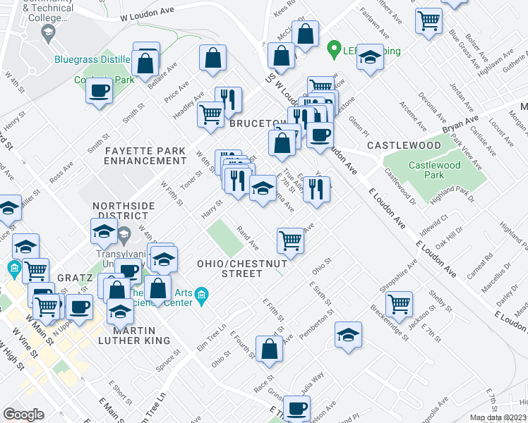 map of restaurants, bars, coffee shops, grocery stores, and more near 123 East 6th Street in Lexington