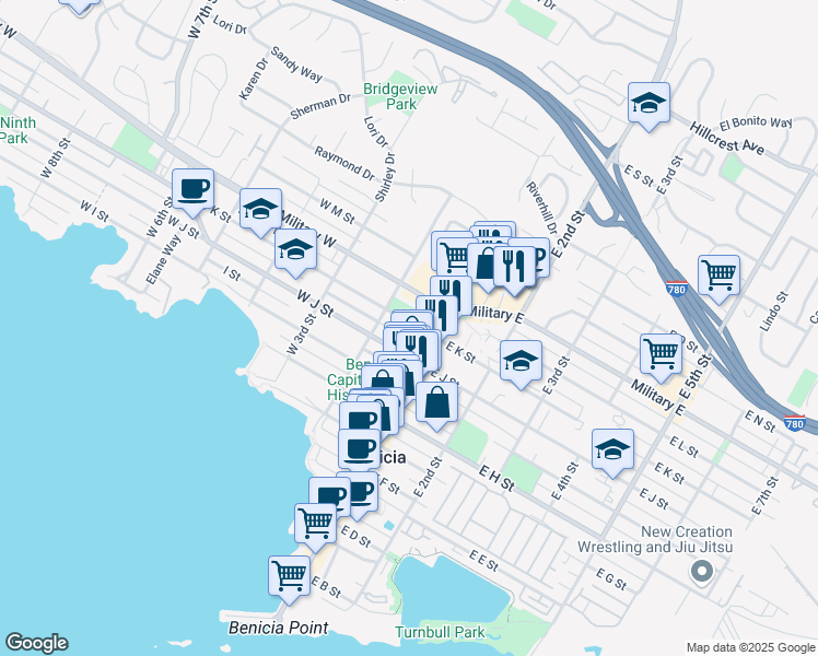 map of restaurants, bars, coffee shops, grocery stores, and more near 152 West K Street in Benicia