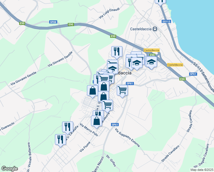 map of restaurants, bars, coffee shops, grocery stores, and more near 30 Via Roma in Casteldaccia
