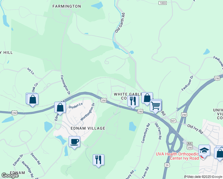 map of restaurants, bars, coffee shops, grocery stores, and more near 933 Marsh Lane in Charlottesville