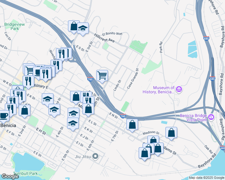 map of restaurants, bars, coffee shops, grocery stores, and more near 1779 Lindo Street in Benicia
