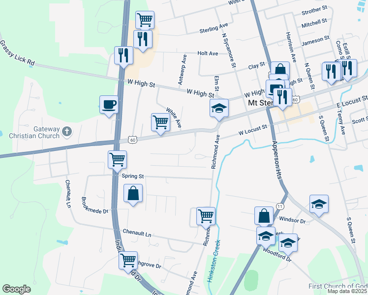 map of restaurants, bars, coffee shops, grocery stores, and more near 108 Swiss Stone Way in Mount Sterling
