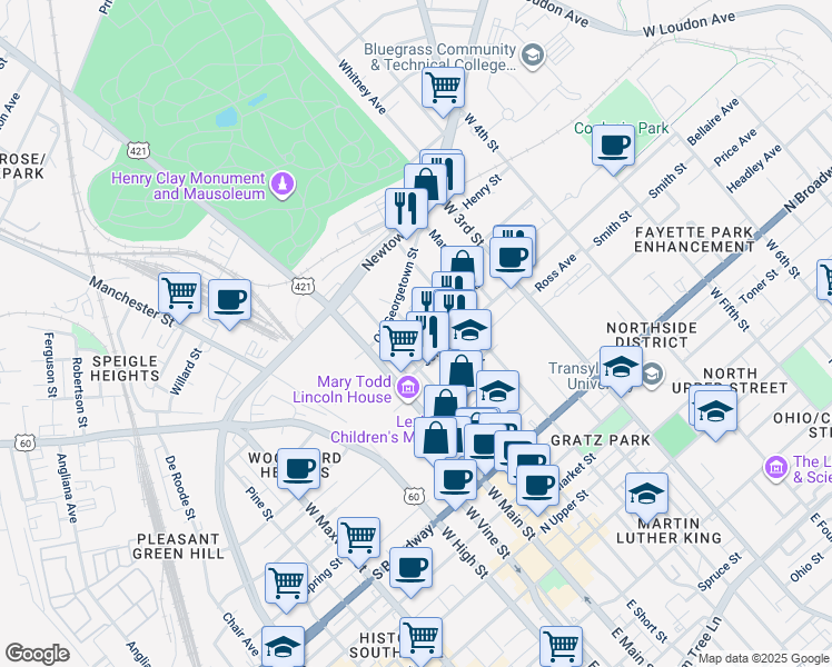 map of restaurants, bars, coffee shops, grocery stores, and more near Ballard Street in Lexington
